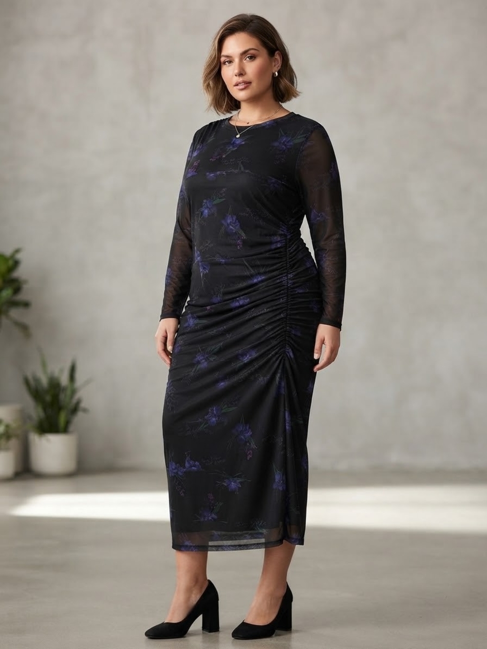 Addition Elle Black Midi Dress with Purple Floral Mesh